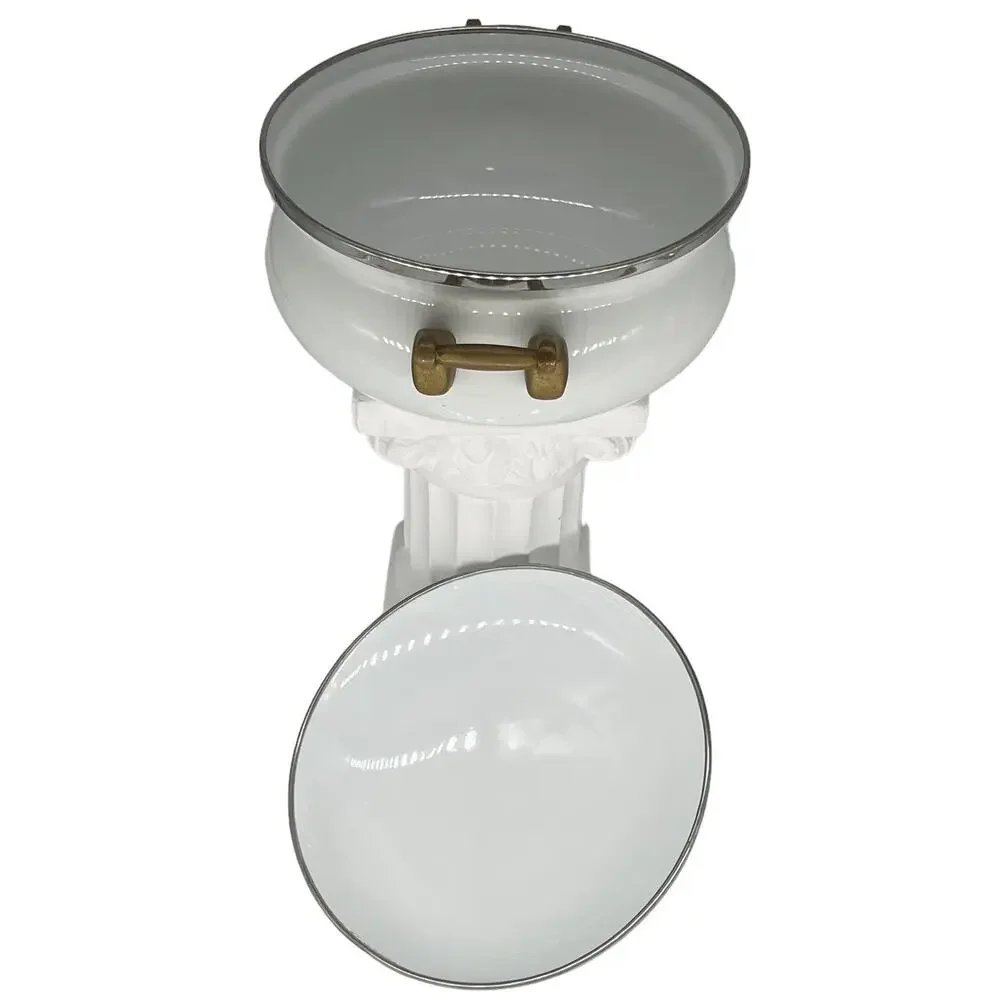 Tivoli Vintage White Enamelware Stock Pot with Lid | Brass Handles Retro Kitchen
